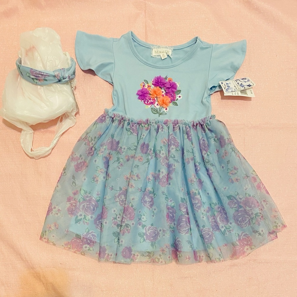 Blue Floral  dress & Headband
